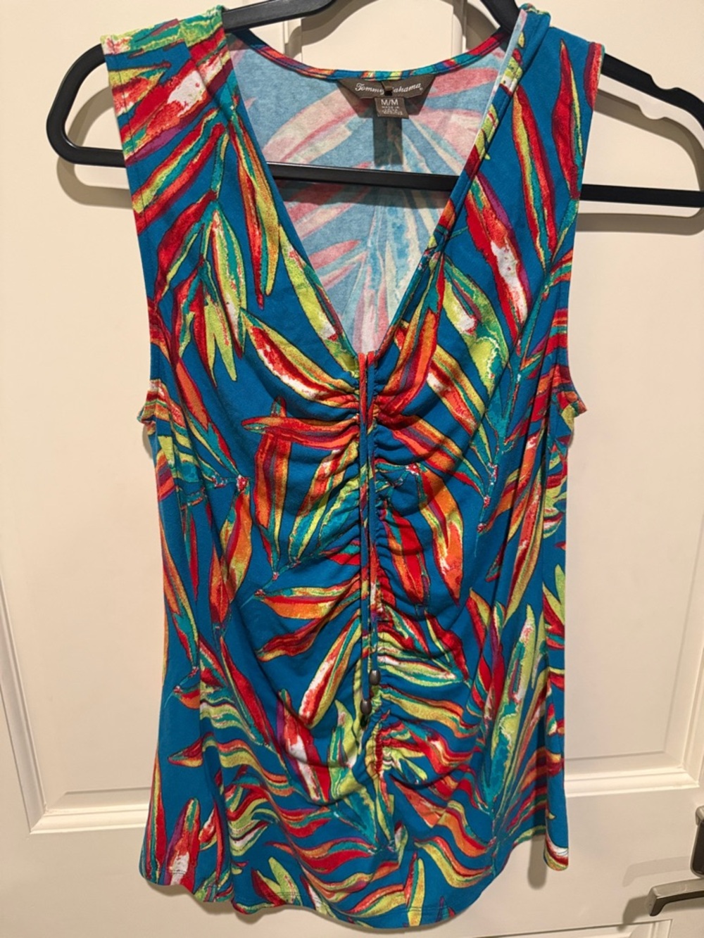 Tommy Bahama Teal Blue Tropical Print Ruched V-Neck Tank